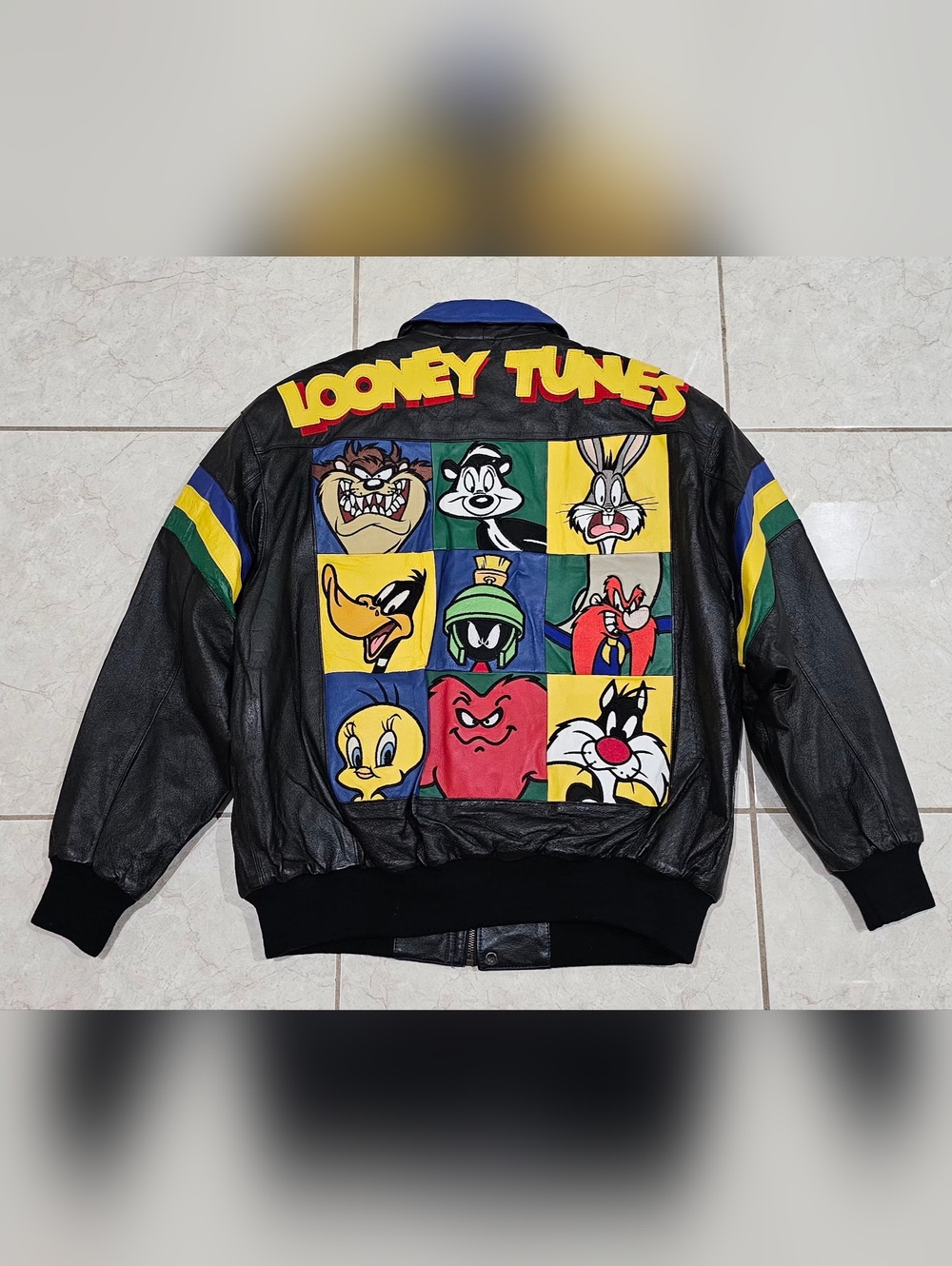 Looney Tunes Black Leather Character Patch Jacket RARE SIZE XL